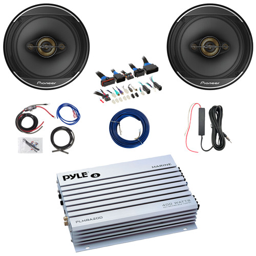 2x Pioneer TS-A1681F 6.5" 350 Watt Max Power 4-Way Coaxial Speakers, 2 Channel Waterproof White Amplifier w/8 Gauge Wiring Kit + 12V Amp Booster Kit, DSP Harness, Speaker Wire