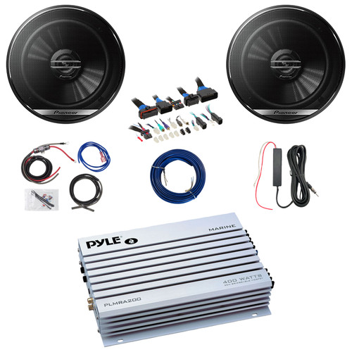 2x Pioneer TS-G1620F 6.5" 300 Watt Max Power 2-Way Coaxial Speakers, 2 Channel Waterproof White Amplifier w/8 Gauge Wiring Kit + 12V Amp Booster Kit, DSP Harness, Speaker Wire
