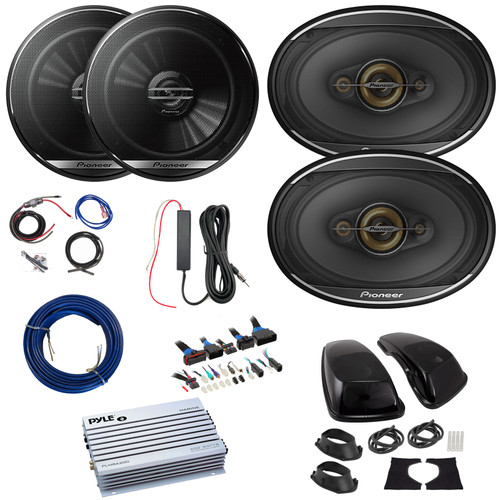 2x Pioneer TS-G1620F 6.5" 300W Max 2-Way Speakers, 2x 6x9" 600W Max 4-Way Speakers w/Adapters, 2-Channel Waterproof Amplifier w/8 Gauge Wiring Kit + 12V Amp Booster Kit, DSP Harness, Speaker Wire
