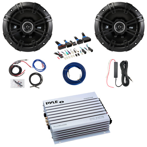 2x Kicker 43DSC6504 6.5" 240 Watt Max Power 2-Way 4-Ohm Coaxial Speakers, 4 Channel 400 Watt Amplifier w/8 Gauge Wiring Kit + 12V Amp Booster Kit, DSP Harness, 20 Feet 16 Gauge Speaker Wire