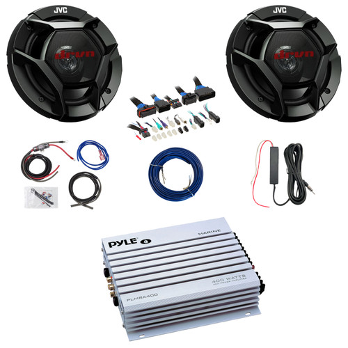 2x JVC CS-DR621 drvn DR Series 6.5" 300 Watt Max Power 2-Way Coaxial Speakers, 4 Channel 400 Watt Amplifier w/8 Gauge Wiring Kit + 12V Signal Reception Booster Kit, DSP Harness, Speaker Wire
