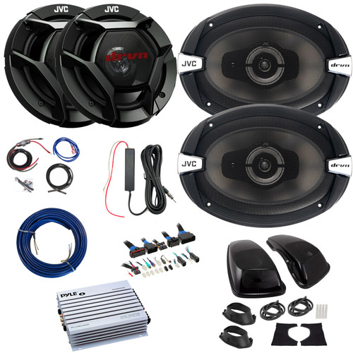 2x JVC CS-DR621 drvn DR Series 6.5" 300W Max 2-Way Speakers, 2x 6x9" 500W Max 3-Way Speakers w/Adapters, 4 Channel 400 Watt Amplifier w/Wiring Kit + 12V Amp Booster Kit, DSP Harness, Speaker Wire