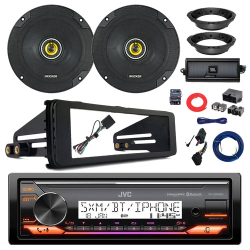 JVC KD-X38MBS Single DIN Marine Bluetooth USB/AUX LED AM/FM Stereo Receiver W/Install Kit, 2x 6.5" 300W Speakers W/Adapters, 4-Channel Amplifier w/Kit + Power Block, Handlebar Control Interface, Wire