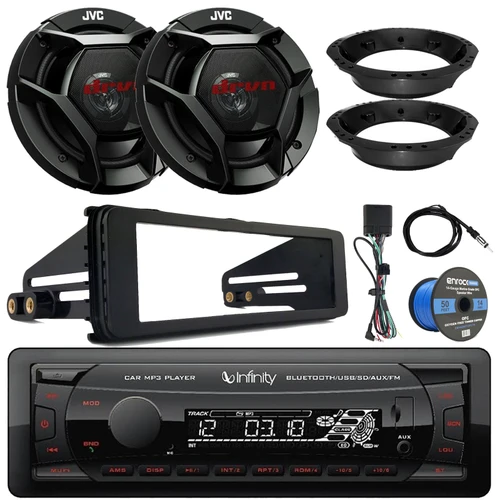 Infinity Alpha 100 Single DIN Bluetooth USB/AUX SD MP3 Player FM Radio Digital Media Receiver w/Install Kit, 2x 6.5" 300W Max 2-Way Coaxial Speakers w/Adapter, Radio Antenna, Speaker Wire (98-2013 HD)