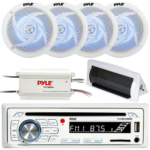 Pyle PLCDBT65 Single DIN Marine Bluetooth USB/AUX CD/MP3 Player AM/FM Radio In-Dash Stereo Receiver W/White Cover, 4x 6.5" 240W Max 2-Way Low-Profile Blue LED White Boat Speakers, 4-Channel Amplifier