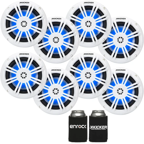 Kicker 51KM604WL KM 6.5" 150 Watts Max Power 4O RGB LED Marine Coaxial Speakers (4 Pairs) With Enrock/Kicker Koozie Holder Gifts