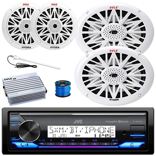 JVC KD-X38MBS Single DIN Marine Bluetooth USB/AUX LED AM/FM SiriusXM Ready Stereo Receiver, 2x 6x9" 260W Max 2-Way Speakers, 2x 6.5'' 200W Max Full Range Speakers, 4-Channel Amplifier, Wire, Antenna