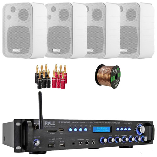 Pyle P3201BT 3000 Watt Bluetooth USB MP3 Player AM/AM Radio Hybrid Multi-Channel Stereo Amplifier Receiver, 4x 4" 30 Watt Max Power 3-Way Indoor/Outdoor White Box-Speakers, Banana Plugs, Speaker Wire