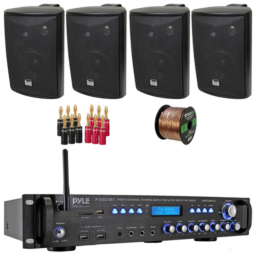 Pyle P3201BT 3000 Watt Bluetooth USB MP3 Player AM/AM Radio Hybrid Multi-Channel Stereo Amplifier Receiver, 4x 4" 200 Watt Max Power 3-Way Indoor/Outdoor Black Speakers, Banana Plugs, Speaker Wire