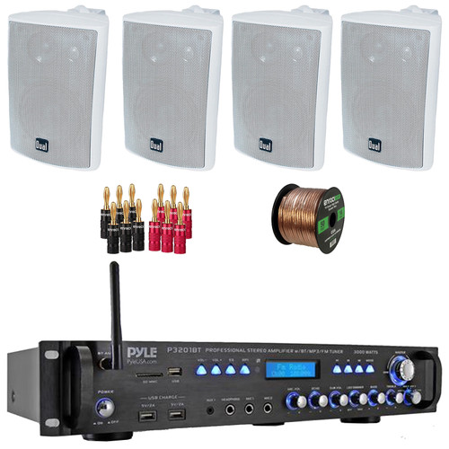 Pyle P3201BT 3000 Watt Bluetooth USB MP3 Player AM/AM Radio Hybrid Multi-Channel Stereo Amplifier Receiver, 4x 4" 200 Watt Max Power 3-Way Indoor/Outdoor White Speakers, Banana Plugs, Speaker Wire