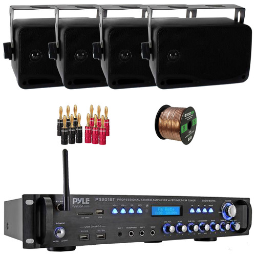 Pyle P3201BT 3000 Watt Bluetooth USB MP3 Player AM/AM Radio Hybrid Multi-Channel Stereo Amplifier Receiver, 4x 3.5'' 200W Max 3-Way Indoor/Outdoor Wall Mount Black Speakers, Banana Plugs, Speaker Wire