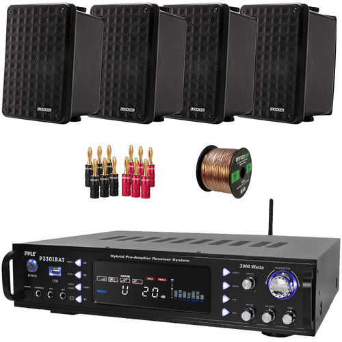 Pyle P3301BAT 3000W Multi-Channel Wireless Bluetooth USB/AUX MP3 Player AM/FM Radio Home Audio Stereo Amplifier Receiver, 4x 6.5" 150W Max Power 2-Way Indoor/Outdoor Black Speakers, Banana Plugs, Wire