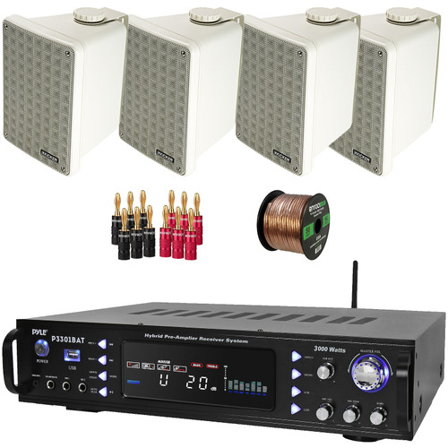 Pyle P3301BAT 3000W Multi-Channel Wireless Bluetooth USB/AUX MP3 Player AM/FM Radio Home Audio Stereo Amplifier Receiver, 4x 6.5" 150W Max Power 2-Way Indoor/Outdoor Gray Speakers, Banana Plugs, Wire