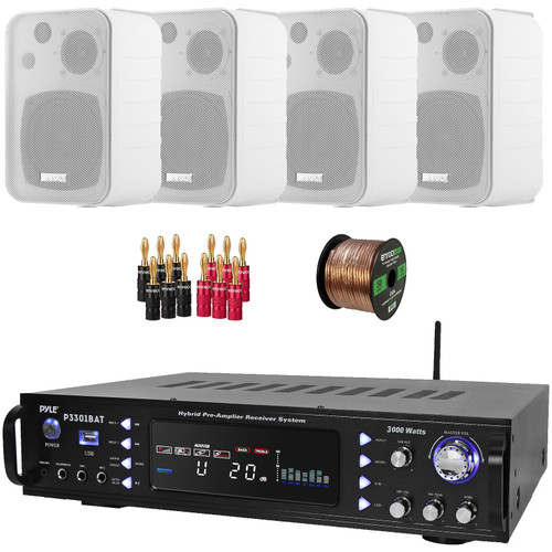 Pyle P3301BAT 3000W Multi-Channel Wireless Bluetooth USB/AUX MP3 Player AM/FM Radio Home Audio Stereo Amplifier Receiver, 4x 4" 30 Watt Max 3-Way Indoor/Outdoor White Box-Speakers, Banana Plugs, Wire