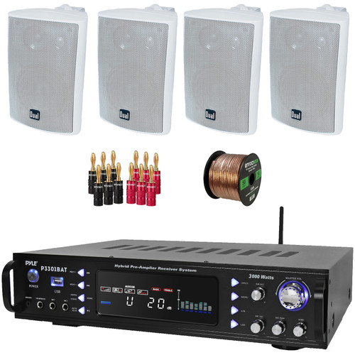 Pyle P3301BAT 3000W Multi-Channel Wireless Bluetooth USB/AUX MP3 Player AM/FM Radio Home Audio Stereo Amplifier Receiver, 4x 4" 200W Max Power 3-Way Indoor/Outdoor White Speakers, Banana Plugs, Wire