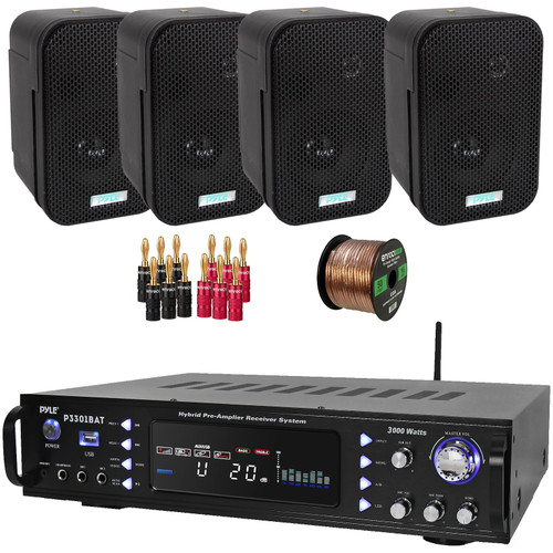 Pyle P3301BAT 3000W Multi-Channel Wireless Bluetooth USB/AUX MP3 Player AM/FM Radio Home Audio Stereo Amplifier Receiver, 4x 3.5" 300W Max Indoor/Outdoor Black Waterproof Speakers, Banana Plugs, Wire