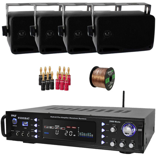 Pyle P3301BAT 3000W Multi-Channel Wireless Bluetooth USB/AUX MP3 Player AM/FM Radio Home Audio Stereo Amplifier Receiver, 4x 3.5'' 200W Max 3-Way Indoor/Outdoor Black Speakers, Banana Plugs, Wire