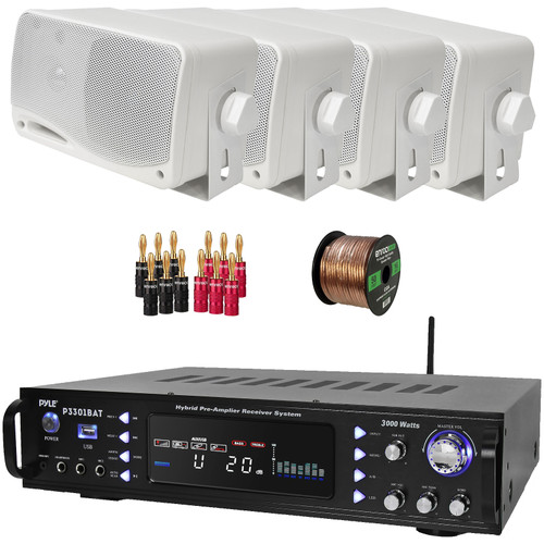 Pyle P3301BAT 3000W Multi-Channel Wireless Bluetooth USB/AUX MP3 Player AM/FM Radio Home Audio Stereo Amplifier Receiver, 4x 3.5'' 200 Watt Max Power 3-Way White Mini Box Speakers, Banana Plugs, Wire