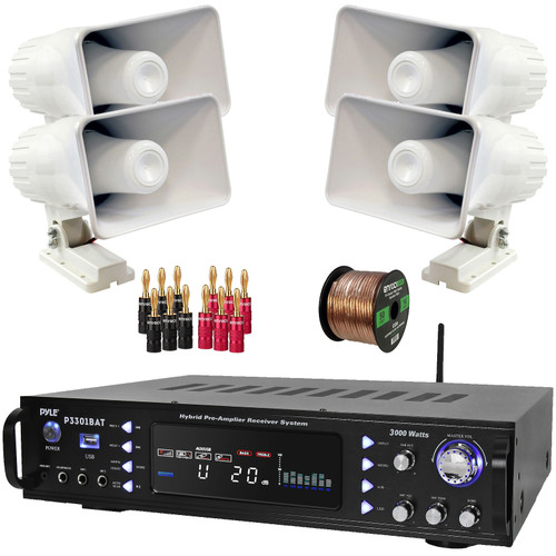 Pyle P3301BAT 3000W Multi-Channel Wireless Bluetooth USB/AUX MP3 Player AM/FM Radio Home Audio Stereo Amplifier Receiver, 4x 6'' 50 Watt Max 8-Ohms Indoor/Outdoor PA Horn Speakers, Banana Plugs, Wire