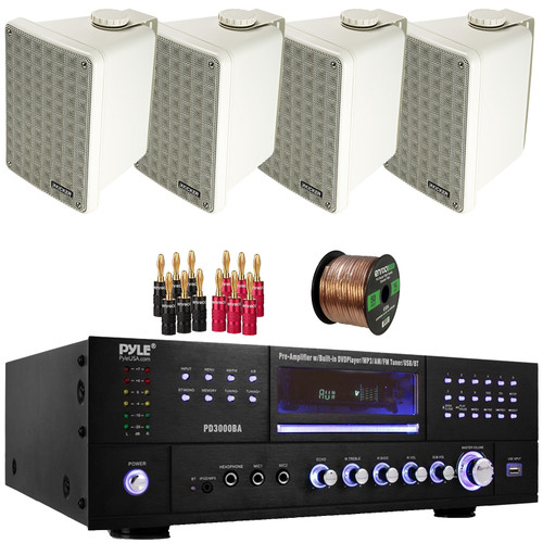 Pyle PD3000BA 3000W Bluetooth USB MP3 Player AM/FM Radio Home Theater Pre-Amplifier Receiver, 4x Kicker 6.5" 150W Max Power 2-Way Full-Range Indoor/Outdoor Gray Speakers, Banana Plugs, Speaker Wire