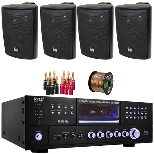 Pyle PD3000BA 3000W Bluetooth USB MP3 Player AM/FM Radio Home Theater Pre-Amplifier Receiver, 4x Dual Electronics 4" 200 Watt Max Power 3-Way Indoor/Outdoor Black Speakers, Banana Plugs, Speaker Wire