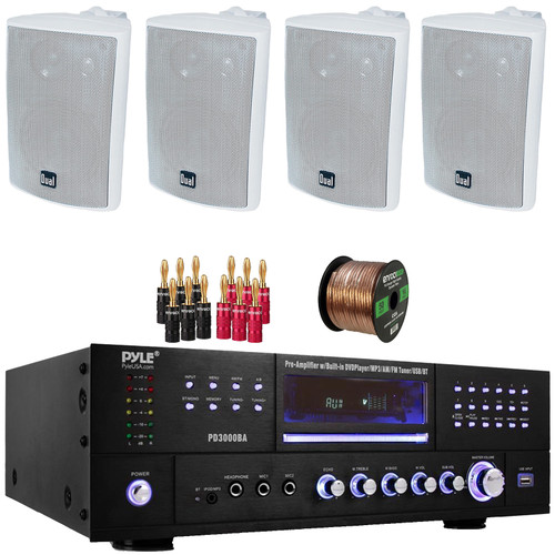 Pyle PD3000BA 3000W Bluetooth USB MP3 Player AM/FM Radio Home Theater Pre-Amplifier Receiver, 4x Dual Electronics 4" 200 Watt Max Power 3-Way Indoor/Outdoor White Speakers, Banana Plugs, Speaker Wire