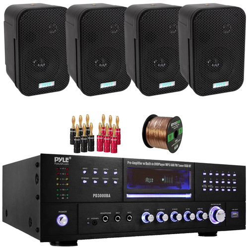 Pyle PD3000BA 3000W Bluetooth USB MP3 Player AM/FM Radio Home Theater Pre-Amplifier Receiver, 4x Pyle PDWR30B 3.5" 300W Max Power Indoor/Outdoor Black Waterproof Speakers, Banana Plugs, Speaker Wire
