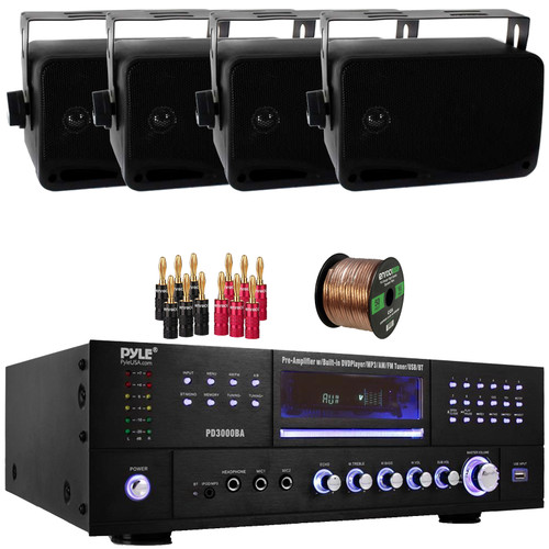 Pyle PD3000BA 3000W Bluetooth USB MP3 Player AM/FM Radio Home Theater Pre-Amplifier Receiver, 4x Pyle PLMR24B 3.5'' 200W Max 3-Way Indoor/Outdoor Wall Mount Black Speakers, Banana Plugs, Speaker Wire