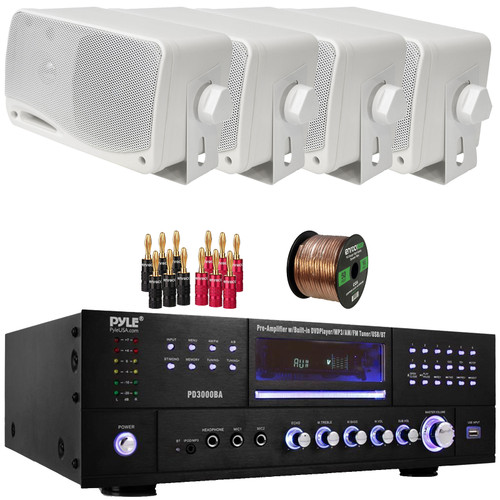 Pyle PD3000BA 3000W Bluetooth USB MP3 Player AM/FM Radio Home Theater Pre-Amplifier Receiver, 4x Pyle PLMR24 3.5'' 200 Watt Max 3-Way Weather Proof White Mini Box Speakers, Banana Plugs, Speaker Wire