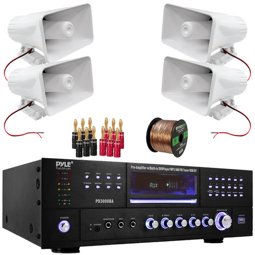 Pyle PD3000BA 3000W Bluetooth USB MP3 Player AM/FM Radio Home Theater Pre-Amplifier Receiver, 4x Pyle PHSP5 8'' 65 Watt Max Power 8-Ohms Indoor/Outdoor PA Horn Speakers, Banana Plugs, Speaker Wire