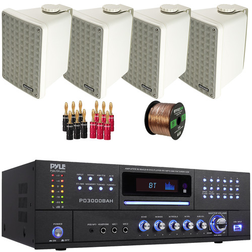 Pyle PD3000BAH 4 Channel 4000W Wireless Bluetooth USB DVD Player FM Radio Home Audio Stereo Amplifier Receiver, 4x 6.5" 150W Max Power 2-Way Full-Range Indoor/Outdoor Gray Speakers, Banana Plugs, Wire