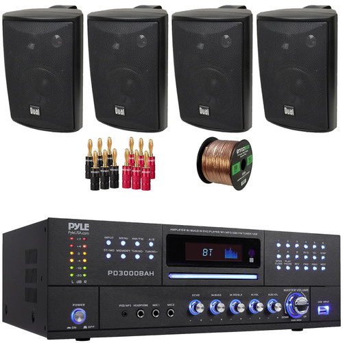 Pyle PD3000BAH 4 Channel 4000W Wireless Bluetooth USB DVD Player FM Radio Home Audio Stereo Amplifier Receiver, 4x 4" 200W Max 3-Way Indoor/Outdoor Black Speakers, Banana Plugs, Speaker Wire