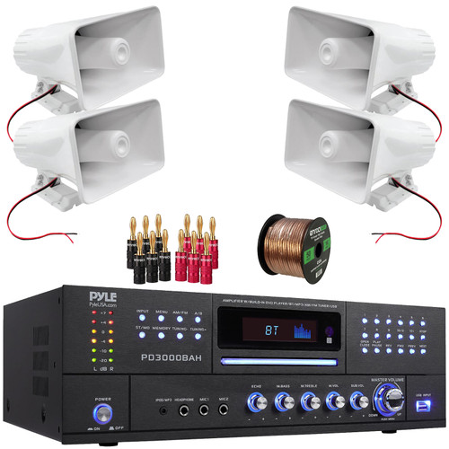 Pyle PD3000BAH 4 Channel 4000W Wireless Bluetooth USB DVD Player FM Radio Home Audio Stereo Amplifier Receiver, 4x Pyle PHSP5 8'' 65 Watt Max 8-Ohms Indoor/Outdoor PA Horn Speakers, Banana Plugs, Wire