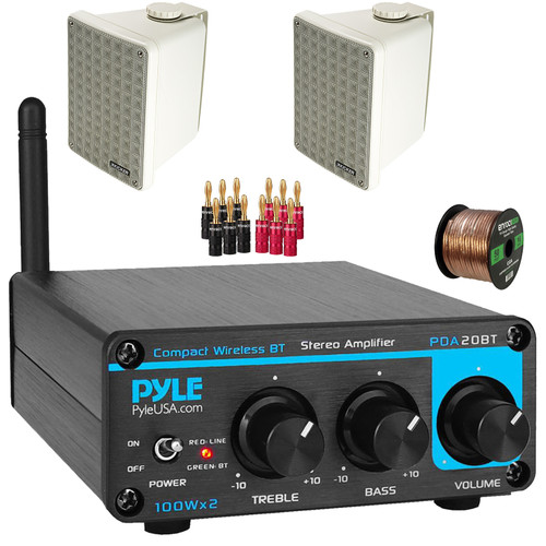 Pyle PDA20BT Desktop Bluetooth Class D 2-Channel Mini Blue Home Audio Compact Stereo Amplifier Receiver, 2x 6.5" 150W Max 2-Way Full-Range Indoor/Outdoor Gray Speakers, Banana Plugs, Speaker Wire