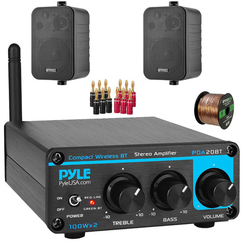 Pyle PDA20BT Desktop Bluetooth Class D 2-Channel Mini Blue Home Audio Compact Stereo Amplifier Receiver, 2x 4" 30 Watt Max Power 3-Way Indoor/Outdoor Black Speakers, Banana Plugs, Speaker Wire