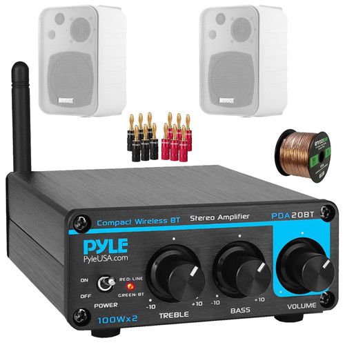 Pyle PDA20BT Desktop Bluetooth Class D 2-Channel Mini Blue Home Audio Compact Stereo Amplifier Receiver, 2x 4" 30 Watt Max Power 3-Way Indoor/Outdoor White Box-Speakers, Banana Plugs, Speaker Wire