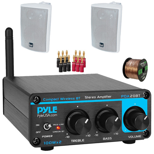 Pyle PDA20BT Desktop Bluetooth Class D 2-Channel Mini Blue Home Audio Compact Stereo Amplifier Receiver, 2x 4" 200 Watt Max Power 3-Way Indoor/Outdoor White Speakers, Banana Plugs, Speaker Wire