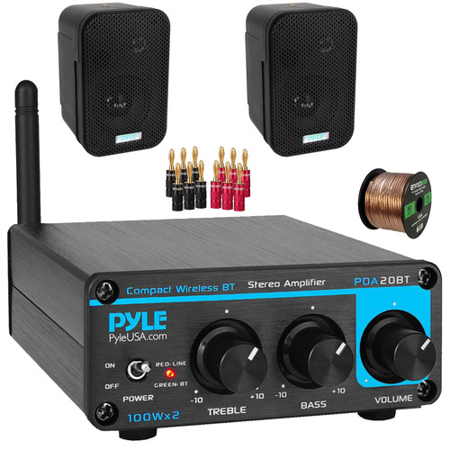 Pyle PDA20BT Desktop Bluetooth Class D 2-Channel Mini Blue Home Audio Compact Stereo Amplifier Receiver, 2x 3.5" 300 Watt Max Power Indoor/Outdoor Black Waterproof Speakers, Banana Plugs, Speaker Wire