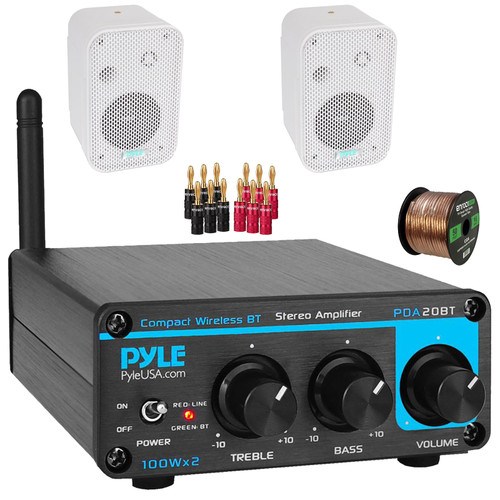Pyle PDA20BT Desktop Bluetooth Class D 2-Channel Mini Blue Home Audio Compact Stereo Amplifier Receiver, 2x 3.5" 300 Watt Max Power Indoor/Outdoor White Waterproof Speakers, Banana Plugs, Speaker Wire