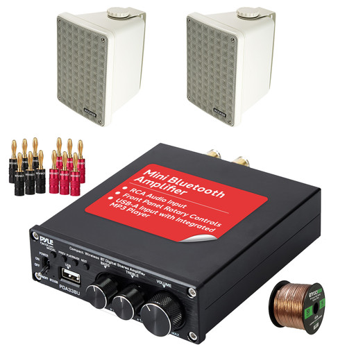 Pyle PDA33BU 2.1 Channel 200W USB Bluetooth Wireless Stereo Power Mini Amplifier Receiver, 2x Kicker 6.5" 150 Watt Max Power 2-Way Full-Range Indoor/Outdoor Gray Speakers, Banana Plugs, Speaker Wire