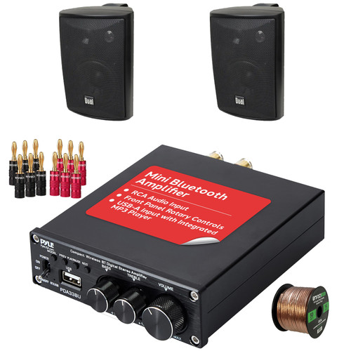 Pyle PDA33BU 2.1 Channel 200W USB Bluetooth Wireless Stereo Power Mini Amplifier Receiver, 2x Dual Electronics LU47PB 4" 200W Max Power 3-Way Indoor/Outdoor Black Speakers, Banana Plugs, Speaker Wire