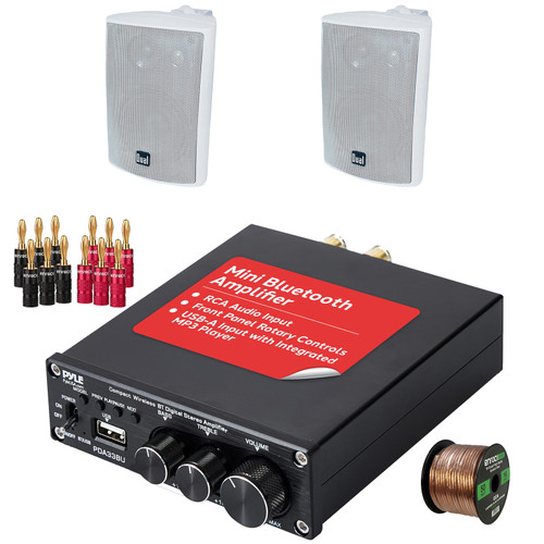 Pyle PDA33BU 2.1 Channel 200W USB Bluetooth Wireless Stereo Power Mini Amplifier Receiver, 2x Dual Electronics LU47PW 4" 200W Max Power 3-Way Indoor/Outdoor White Speakers, Banana Plugs, Speaker Wire