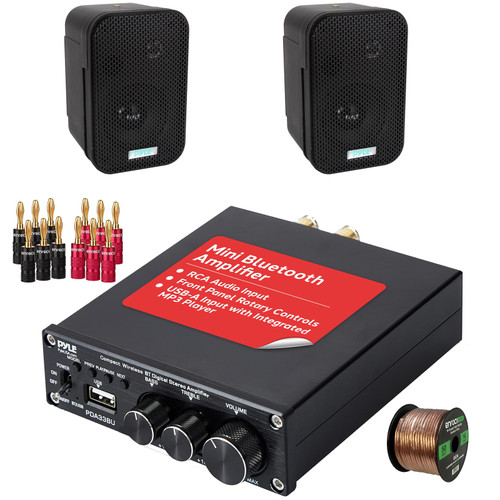 Pyle PDA33BU 2.1 Channel 200W USB Bluetooth Wireless Stereo Power Mini Amplifier Receiver, 2x Pyle PDWR30B 3.5" 300 Watt Max Power Indoor/Outdoor Black Waterproof Speakers, Banana Plugs, Speaker Wire
