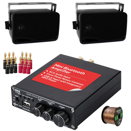 Pyle PDA33BU 2.1 Channel 200W USB Bluetooth Wireless Stereo Power Mini Amplifier Receiver, 2x 3.5'' 200 Watt Max Power 3-Way Indoor/Outdoor Wall Mount Black Audio Speakers, Banana Plugs, Speaker Wire