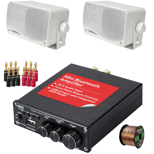 Pyle PDA33BU 2.1 Channel 200W USB Bluetooth Wireless Stereo Power Mini Amplifier Receiver, 2x 3.5'' 200 Watt Max Power 3-Way Weather Proof White Mini Box Speakers, Banana Plugs, Speaker Wire