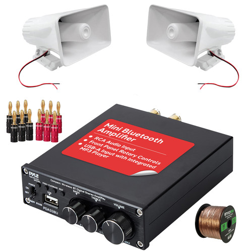 Pyle PDA33BU 2.1 Channel 200W USB Bluetooth Wireless Stereo Power Mini Amplifier Receiver, 2x 8'' 65 Watt Max Power 8-Ohms Indoor/Outdoor PA Horn Speakers, Banana Plugs, 50 Feet 16 Gauge Speaker Wire
