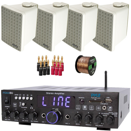 Pyle PDA4BU 200 Watt Wireless Bluetooth Multi-Channel Home Audio Stereo Amplifier Receiver, 4x Kicker 46KB6G 6.5" 150W Max 2-Way Full-Range Indoor/Outdoor Gray Speakers, Banana Plugs, Speaker Wire