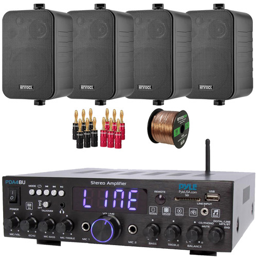 Pyle PDA4BU 200 Watt Wireless Bluetooth Multi-Channel Home Audio Stereo Amplifier Receiver, 4x Enrock EKMR408B 4" 30 Watt Max Power 3-Way Indoor/Outdoor Black Speakers, Banana Plugs, Speaker Wire