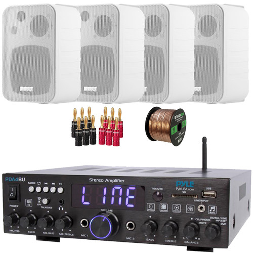Pyle PDA4BU 200 Watt Wireless Bluetooth Multi-Channel Home Audio Stereo Amplifier Receiver, 4x Enrock EKMR408W 4" 30 Watt Max Power 3-Way Indoor/Outdoor White Box-Speakers, Banana Plugs, Speaker Wire