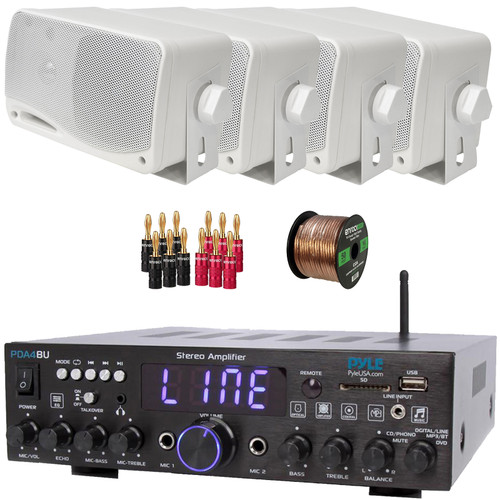Pyle PDA4BU 200 Watt Wireless Bluetooth Multi-Channel Home Audio Stereo Amplifier Receiver, 4x Pyle PLMR24 3.5'' 200W Max Power 3-Way Weather Proof White Mini Box Speakers, Banana Plugs, Speaker Wire
